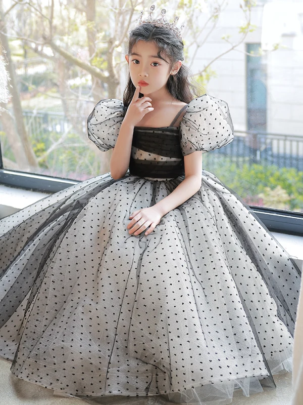 Fashion Black Spotted Evening Party Flower Girl Dresses 2022 A-Line / Princess Square Neckline Puffy Short Sleeve Floor-Length / Long Flower Girl Dresses