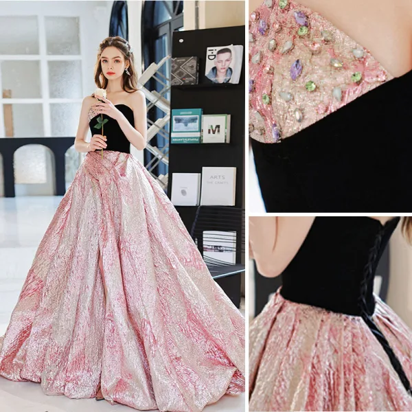 Charmant Noire Faux Diamant Paillettes Robe De Bal 2022 Robe Boule Bustier Sans Manches Dos Nu Fendue devant Train De Balayage Robe De Ceremonie