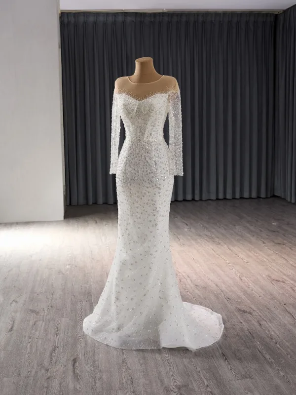 High-end White Handmade  Beading Sequins Wedding Dresses 2024 Trumpet / Mermaid Scoop Neck Long Sleeve Court Train Wedding