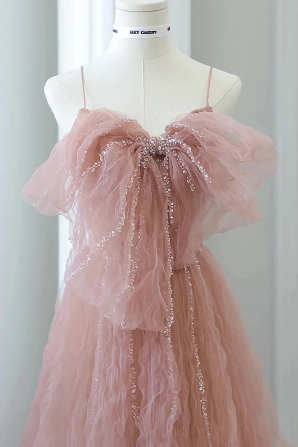 Charming Blushing Pink Beading Ruffle Evening Dresses 2023 A-Line / Princess Spaghetti Straps Bow Sleeveless Backless Evening Party Floor-Length / Long Formal Dresses