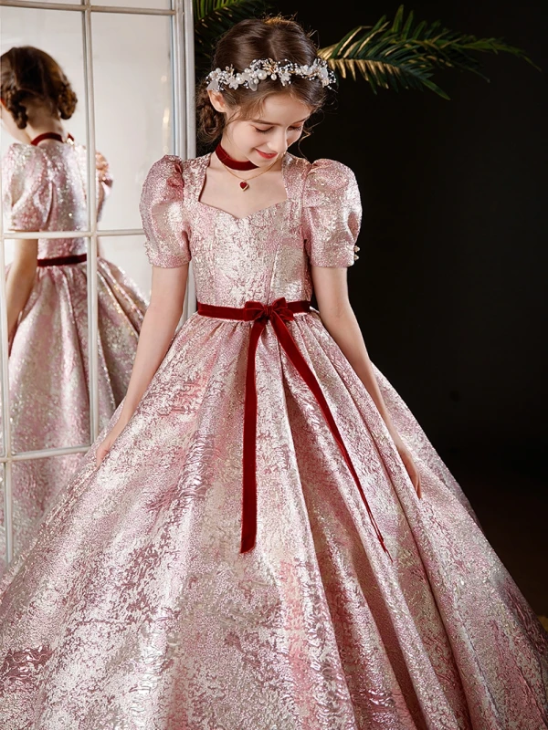 Elegant Blushing Pink Glitter Birthday Flower Girl Dresses 2024 Ball Gown Square Neckline Short Sleeve Bow Sash Floor-Length / Long