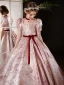 Elegant Blushing Pink Glitter Birthday Flower Girl Dresses 2024 Ball Gown Square Neckline Short Sleeve Bow Sash Floor-Length / Long