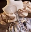 Chic / Beautiful Black Gold Printing Birthday Flower Girl Dresses 2024 Ball Gown Scoop Neck Short Sleeve Backless Floor-Length / Long