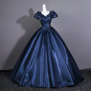 Vintage Retro Navy Blue Satin Prom Dresses 2026 Ball Gown V Neck Short Sleeve Backless Floor Length Long