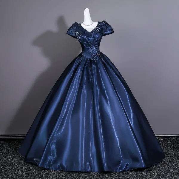 Vintage / Originale Bleu Marine Satin Robe De Bal 2026 Robe Boule V-Cou Manches Courtes Dos Nu Longue