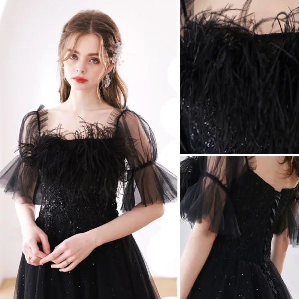 Charming Black Feather Beading Sequins Prom Dresses 2022 A-Line / Princess Square Neckline Bell sleeves Backless Floor-Length / Long Formal Dresses