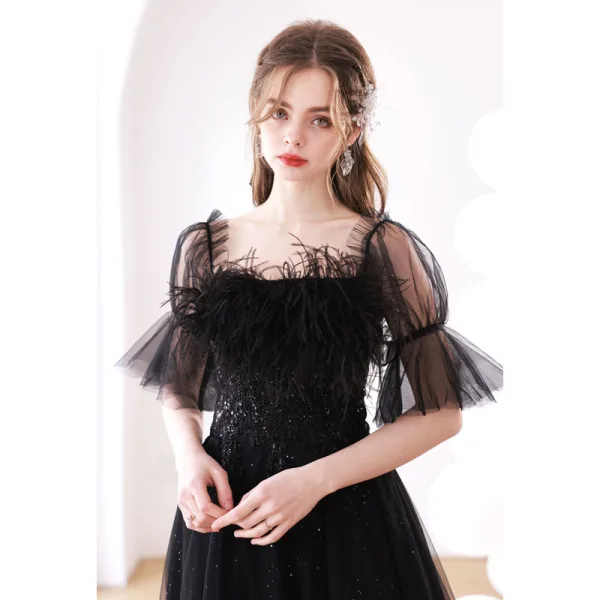 Charming Black Feather Beading Sequins Prom Dresses 2022 A-Line / Princess Square Neckline Bell sleeves Backless Floor-Length / Long Formal Dresses