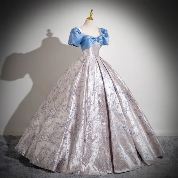 Elegant Sky Blue Printing Prom Dresses Formal Dresses 2024 Ball Gown Square Neckline Bow Puffy Short Sleeve Backless Prom Floor-Length / Long