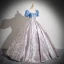 Elegant Sky Blue Printing Prom Dresses Formal Dresses 2024 Ball Gown Square Neckline Bow Puffy Short Sleeve Backless Prom Floor-Length / Long