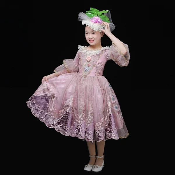 Vintage / Retro Medieval Blushing Pink Flower Girl Dresses 2024 3D Lace Printing Floral 1/2 Sleeves Scoop Neck Tea-length Cosplay Wedding Prom Ball Gown Wedding Party Dresses