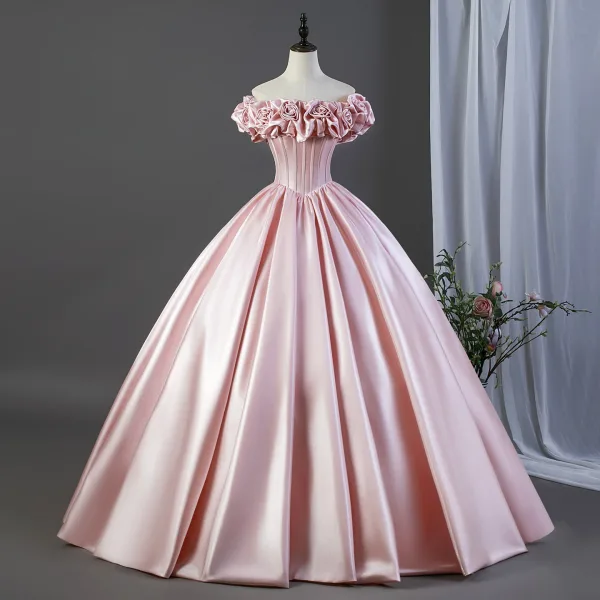 Charmant Rougissant Rose Satin Robe De Bal 2026 Robe Boule Volants De l'épaule Manches Courtes Dos Nu