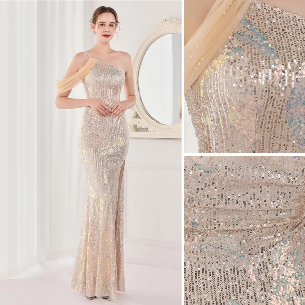 Sexy Blanche Paillettes Fendue devant Robe De Soirée 2022 Trompette / Sirène Une épaule Sans Manches Dos Nu Longue Soirée Robe De Ceremonie