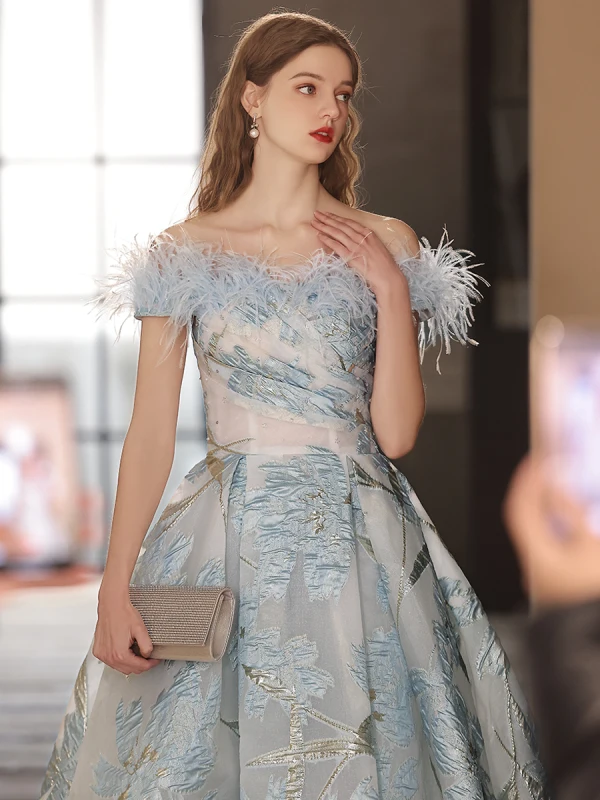 Fashion Sky Blue Feather Prom Dresses 2023 A-Line / Princess Off-The-Shoulder Short Sleeve Backless Floor-Length / Long Prom Formal Dresses