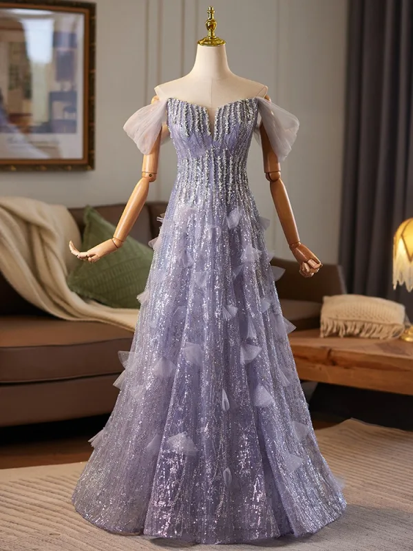 Bling Bling Lavender Beading Sequins Prom Dresses 2025 A-Line / Princess Off-The-Shoulder Sleeveless Backless Floor-Length / Long Formal Dresses