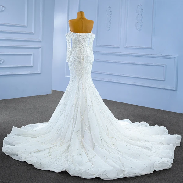 Sexy High Low White Beading Pearl Sequins Wedding Dresses 2023 Trumpet / Mermaid Off-The-Shoulder Long Sleeve Backless Chapel Train Wedding