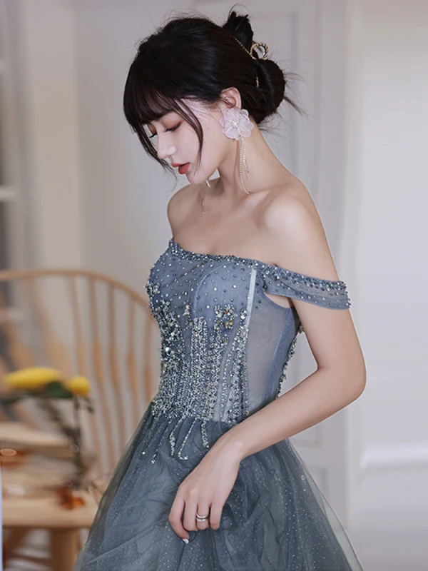 Chic / Beautiful Multi-Colors Ocean Blue Prom Dresses 2022 A-Line / Princess Off-The-Shoulder Beading Sequins Sleeveless Backless Floor-Length / Long Prom Formal Dresses