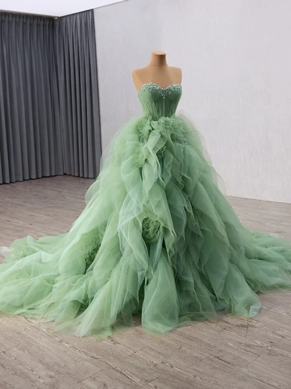 High-end Sage Green Cascading Ruffles Beading Sequins Prom Dresses 2025 Ball Gown Strapless Sleeveless Backless Chapel Train Prom Formal Dresses