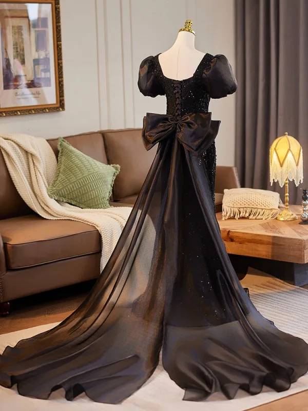 Scintillantes Noire Perlage Paillettes Robe De Soirée 2025 Trompette / Sirène Encolure Carrée Gonflée Manches Courtes Dos Nu Noeud Longue Robe De Ceremonie