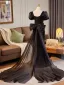 Scintillantes Noire Perlage Paillettes Robe De Soirée 2025 Trompette / Sirène Encolure Carrée Gonflée Manches Courtes Dos Nu Noeud Longue Robe De Ceremonie