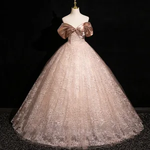 Charming Champagne Sequins Prom Dresses 2024 Ball Gown Off The Shoulder Short Sleeve Backless Floor Length Long Prom Formal Dresses