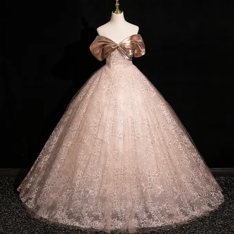 Charmant Champagne Paillettes Robe De Bal 2024 Robe Boule De L Épaule Manches Courtes Dos Nu Longue Promo Robe De Ceremonie