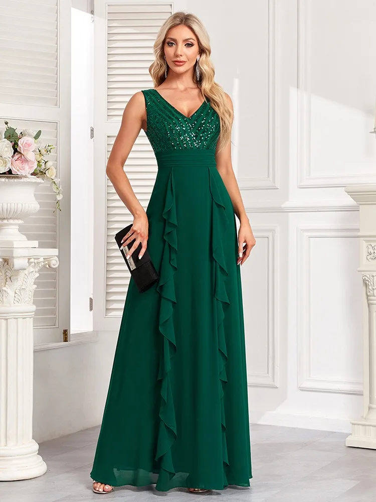 green emerald velvet dress Long Glitter A-Line Prom Dress with Embroidered Bodice Hunter Green / 2XLarge main image 0