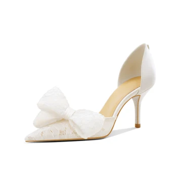 Élégant Blanche En Dentelle Noeud Chaussure De Mariée 2023 7 Cm Talons Aiguilles À Bout Pointu Cuir Mariage Talons Hauts