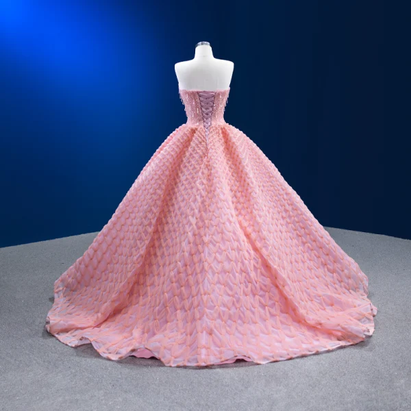 Luxury / Gorgeous Charming Candy Pink Handmade Beading Pearl Prom Dresses 2023 Ball Gown Strapless Sleeveless Backless Sweep Train Prom Formal Dresses