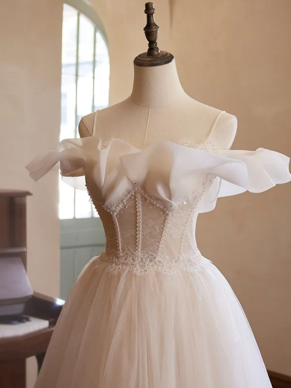 Chic / Beautiful Champagne Beading Pearl Lace Flower Prom Dresses 2024 A-Line / Princess Spaghetti Straps Sleeveless Backless Floor-Length / Long Prom Formal Dresses