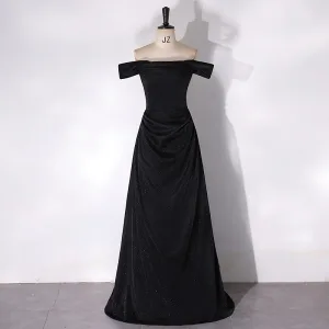Audrey Hepburn Style Black Ruffle Prom Dresses 2024 A Line Princess Off The Shoulder Short Sleeve Backless Floor Length Long Prom Formal Dresses