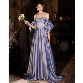 Illusion Lavender Sequins Rhinestone Satin Prom Dresses 2024 A Line Princess Off The Shoulder Short Sleeve Backless Bow Floor Length Long Prom Formal Dresses