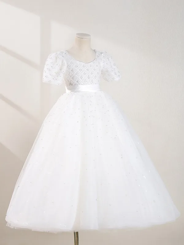 Elegant White Beading Pearl Sequins Flower Girl Dresses 2024 Ball Gown Scoop Neck Puffy Short Sleeve Backless Floor-Length / Long Wedding