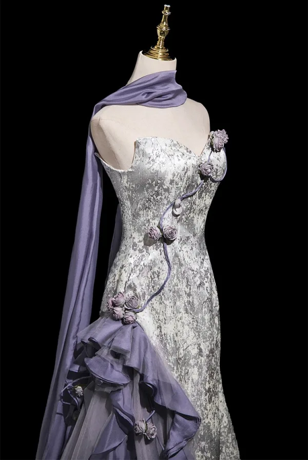 Charming Silver Appliques Sequins Evening Dresses 2025 A-Line / Princess Strapless Sleeveless Backless Sweep Train Evening Party Formal Dresses