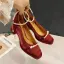 Vintage / Retro Beige Street Wear Satin Pumps 2022 Pearl Ankle Strap 5 cm Thick Heels Square Toe Pumps High Heels