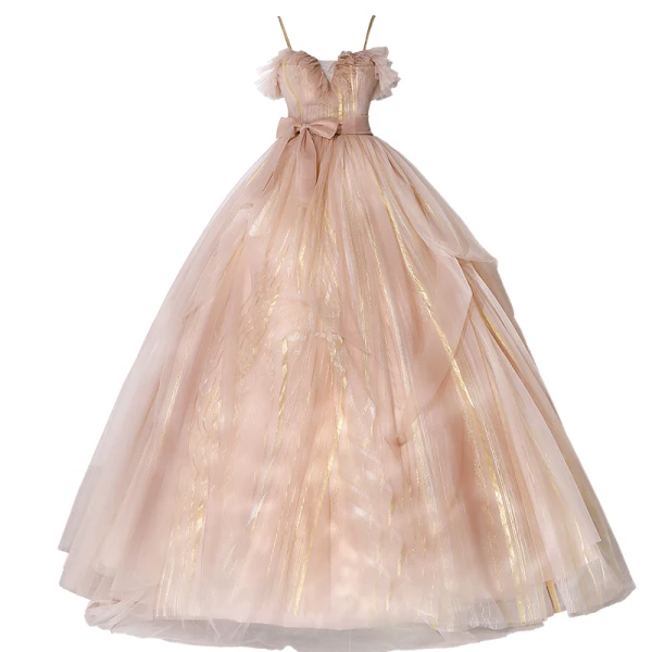 Charmant Champagner Ballkleider 2022 Ballkleid Spaghettiträger Ärmellos Rückenfreies Schleife Stoffgürtel Lange Festliche Kleider