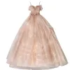Charming Champagne Prom Dresses 2022 Ball Gown Spaghetti Straps Sleeveless Backless Bow Sash Floor-Length / Long Formal Dresses