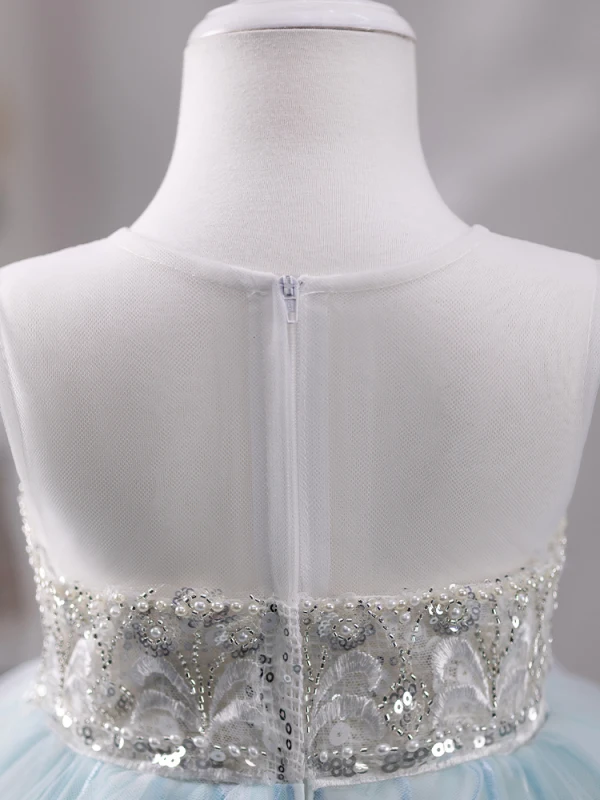 Charming Sky Blue Beading Pearl Sequins Birthday Flower Girl Dresses 2023 Ball Gown Scoop Neck Sleeveless Backless Floor-Length / Long