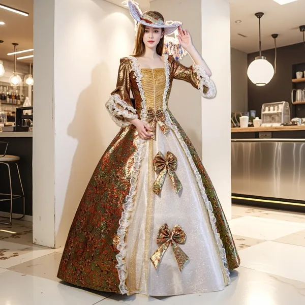 Vintage / Retro Medieval Gold Printing Bow Lace Flower Prom Dresses 2025 Ball Gown Square Neckline Bell sleeves Floor-Length / Long Formal Dresses