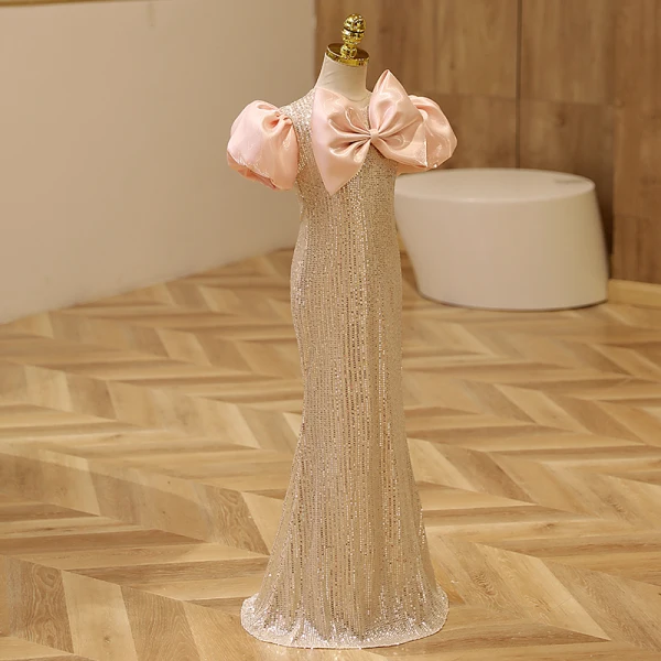 Sparkly Gold Sequins Birthday Flower Girl Dresses 2023 Trumpet / Mermaid Scoop Neck Puffy Short Sleeve Bow Floor-Length / Long Flower Girl Dresses