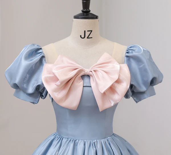 Fashion Sky Blue Prom Dresses 2022 Ball Gown Scoop Neck Bow Puffy Short Sleeve Backless Floor-Length / Long Prom Formal Dresses