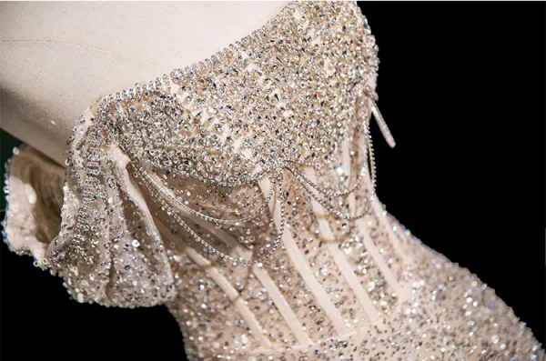 Glitzernden Charmant Champagner Perlenstickerei Strass Pailletten Abendkleider 2025 A Linie Off Shoulder Kurze Ärmel Rückenfreies Lange Festliche Kleider
