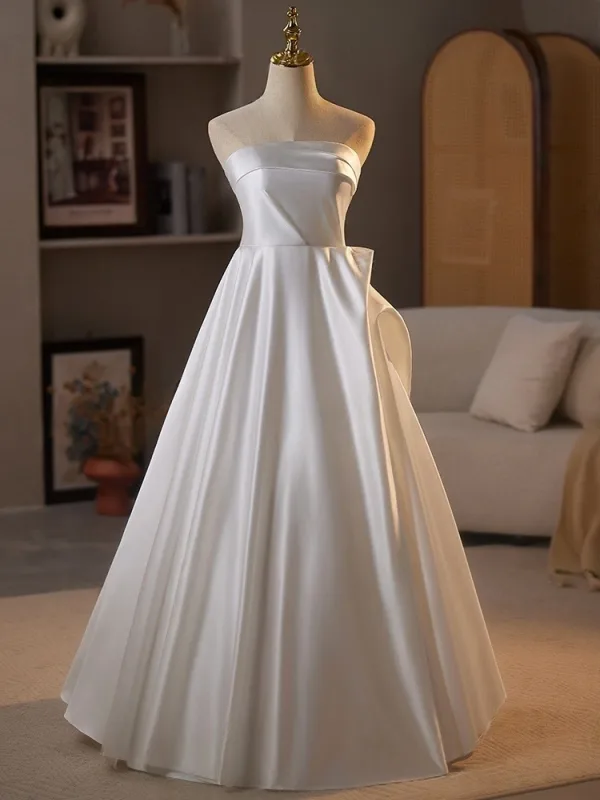 Vintage / Retro White Satin Wedding Dresses 2025 A-Line / Princess Strapless Sleeveless Backless Floor-Length / Long