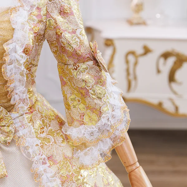 Vintage / Retro Medieval Gold Printing Bow Lace Flower Prom Dresses 2025 Ball Gown Square Neckline Bell sleeves Floor-Length / Long Formal Dresses