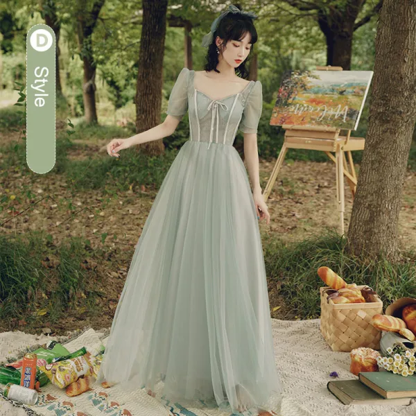 Modest / Simple Sage Green Lace Bridesmaid Dresses 2022 A-Line / Princess Short Sleeve Backless Floor-Length / Long Bridesmaid