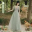 Modest / Simple Sage Green Lace Bridesmaid Dresses 2022 A-Line / Princess Short Sleeve Backless Floor-Length / Long Bridesmaid