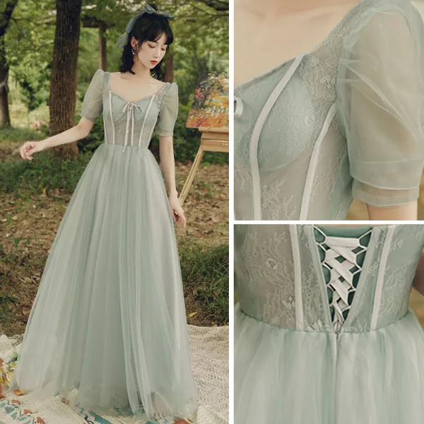 Modest / Simple Sage Green Lace Bridesmaid Dresses 2022 A-Line / Princess Short Sleeve Backless Floor-Length / Long Bridesmaid