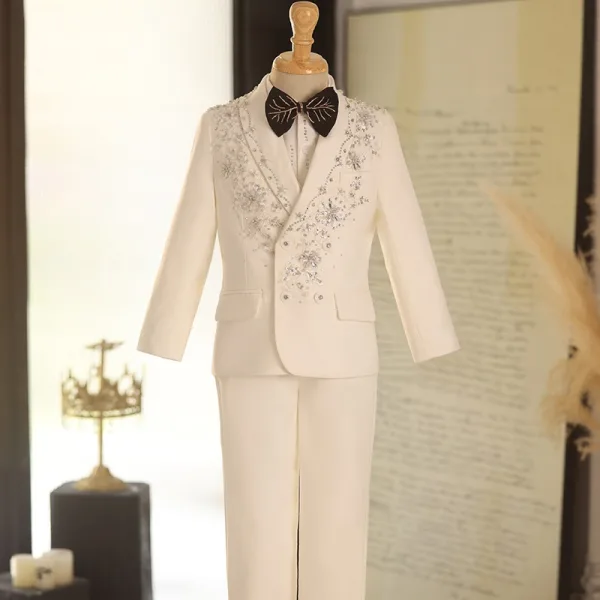 Blanche Faux Diamant Manches Longues 5 pièces Costume Garçon Mariage Mariage 2025 Manteau Pantalon Chemise Cravate Gilet
