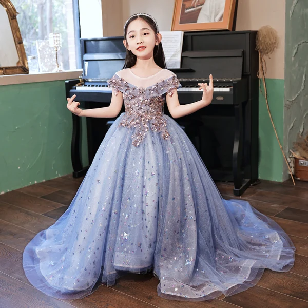 Chic / Beautiful Pool Blue Beading Sequins Lace Flower Evening Party Flower Girl Dresses 2022 Ball Gown Scoop Neck Short Sleeve Court Train Flower Girl Dresses