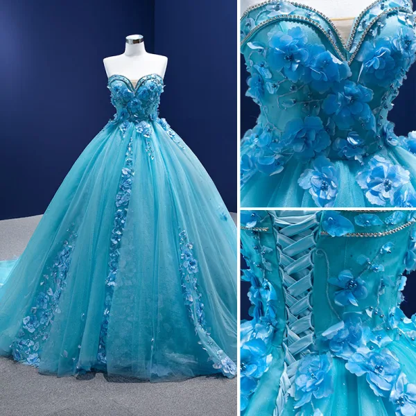 Fashion Pool Blue Pearl Rhinestone Appliques Prom Dresses 2022 Ball Gown Strapless Sleeveless Floor-Length / Long Formal Dresses