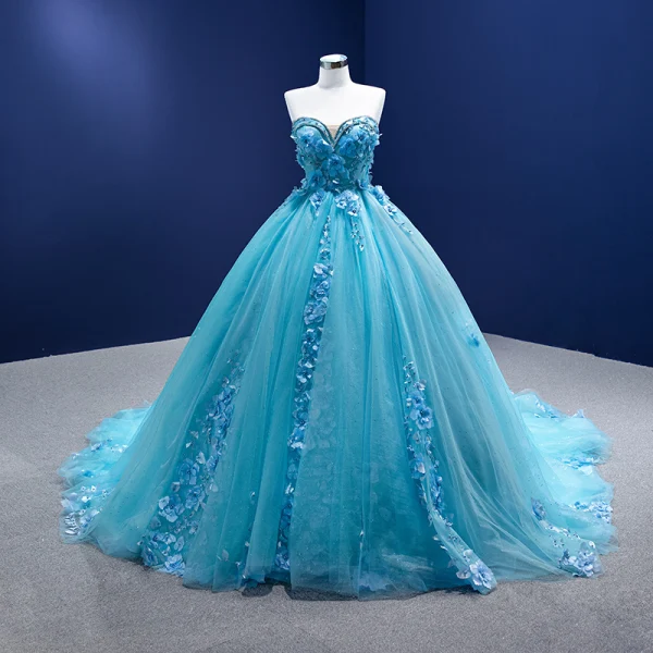 Fashion Pool Blue Pearl Rhinestone Appliques Prom Dresses 2022 Ball Gown Strapless Sleeveless Floor-Length / Long Formal Dresses